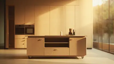 Ilha de cozinha móvel sobre rodízios em ambiente aberto com luz natural e acabamento em madeira clara