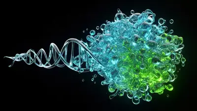 Uma representação abstrata de tecidos moleculares translúcidos em tons de ciano e verde ácido emergindo de um fundo preto, simbolizando a previsão de milhões de estruturas proteicas.