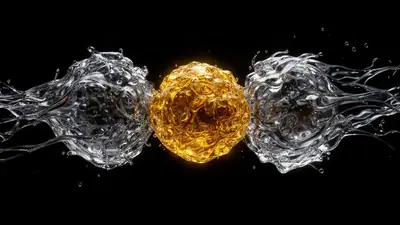 Uma esfera densa de ouro líquido no centro, cercada por duas formas translúcidas de aço frio flutuando no preto, representando compressão versus dispersão.