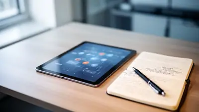 Uma mesa de trabalho moderna com um tablet exibindo dados abstratos ao lado de um caderno aberto e uma caneta, simbolizando a mediação humana em processos automatizados