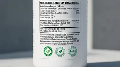 Close-up de uma embalagem de suplemento desenhada e minimalista focando na etiqueta de ingredientes e selos de certificação, com luz natural e fundo desfocado para destacar a clareza das informações.