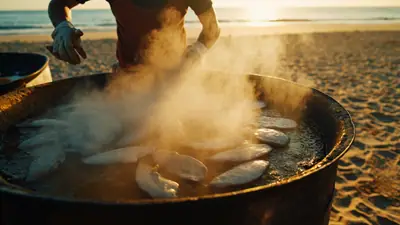 Imagem aérea de uma barraca de peixe frito na areia, com vapor subindo da fritura e mãos preparando o prato, com o mar ao fundo desfocado