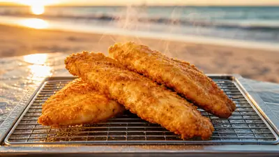 Filés de peixe frito com crosta dourada e crocante em uma grade de arrefecimento, com fundo desfocado de praia ensolarada